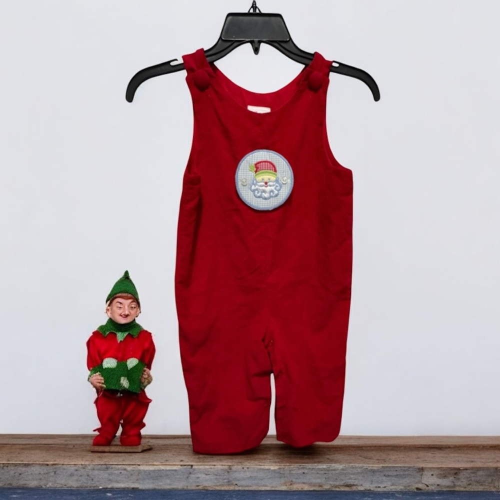 Shrimp & Grits Kids Red Overalls with removable Santa Patch size 3T